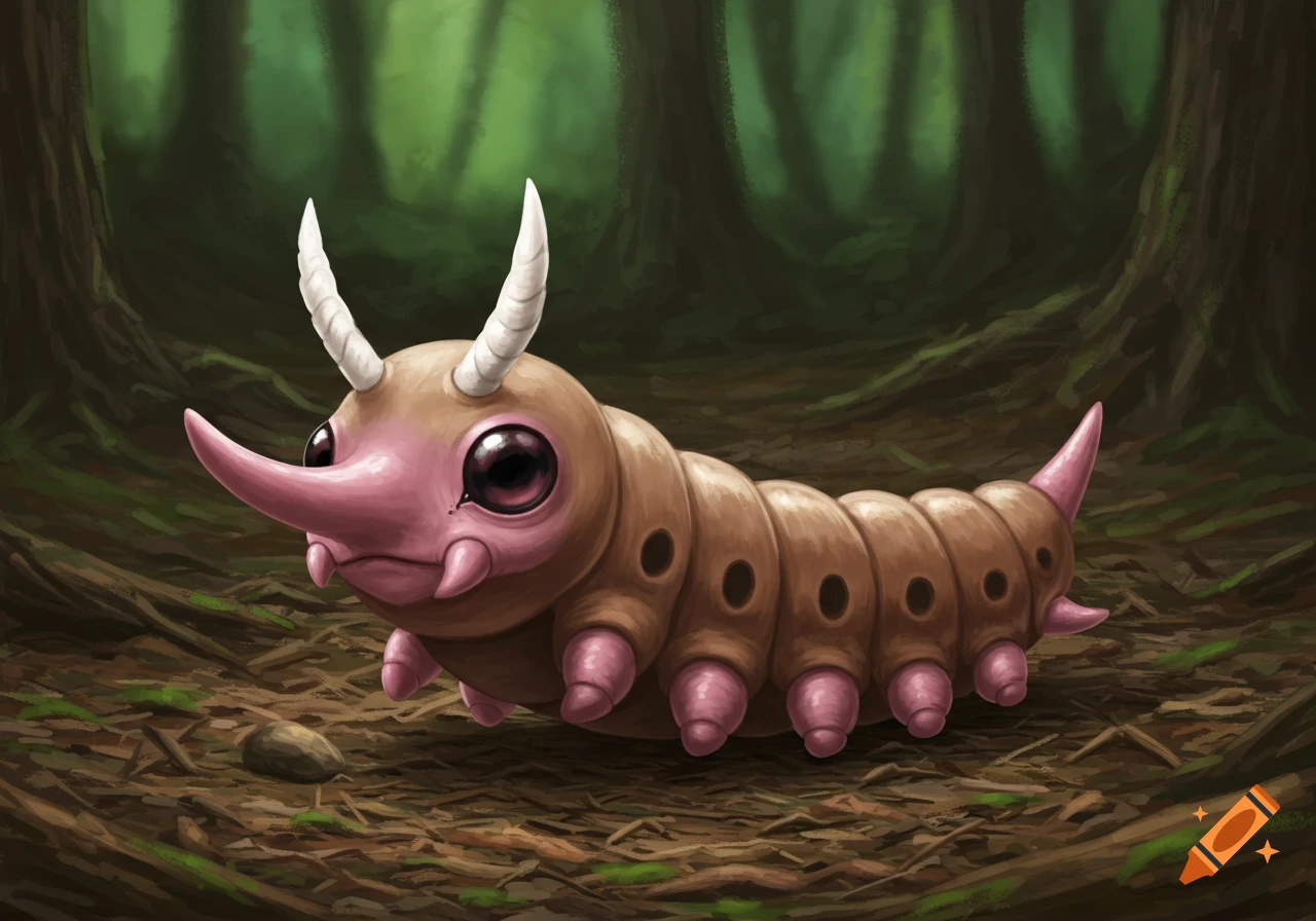 A realistic illustration of an insect-like creature with a segmented brown body, pink features, and white horns on a forest floor.