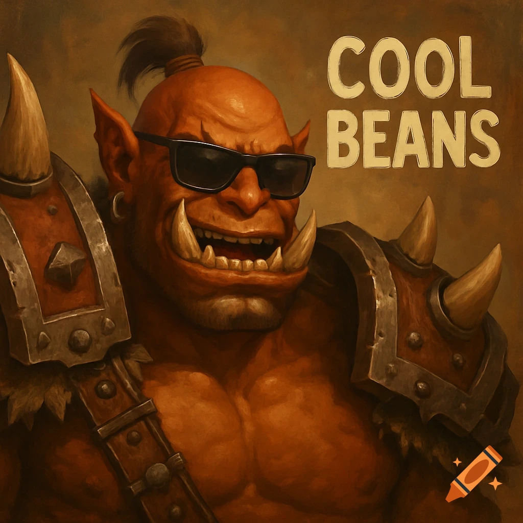 A smiling orc in armor wearing sunglasses with 'COOL BEANS' text. Painterly style.
