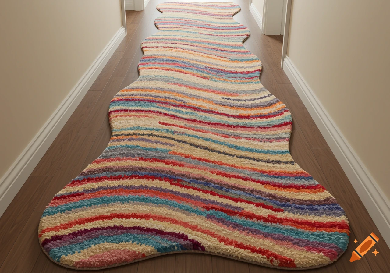 A colorful, wavy, hand-tufted runner rug with horizontal stripes laid on a wooden floor in a hallway.