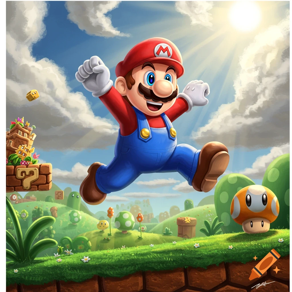 A vibrant illustration of Mario jumping with a wide smile in a bright, sunny Super Mario Bros. landscape with green hills, clouds, and iconic blocks.