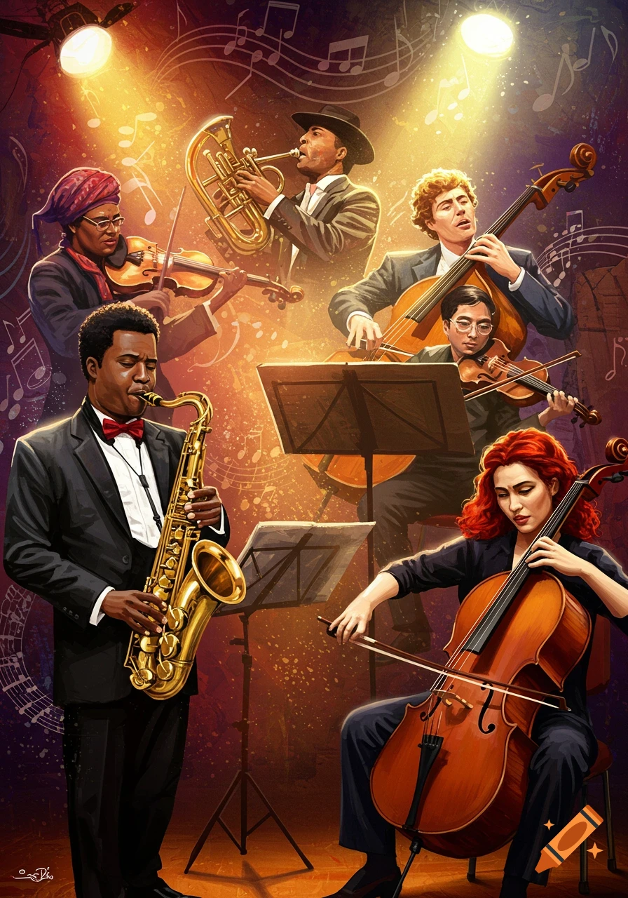 Vibrant illustration of a diverse group of musicians playing saxophone, cello, violin, bass, and brass instruments under spotlights.