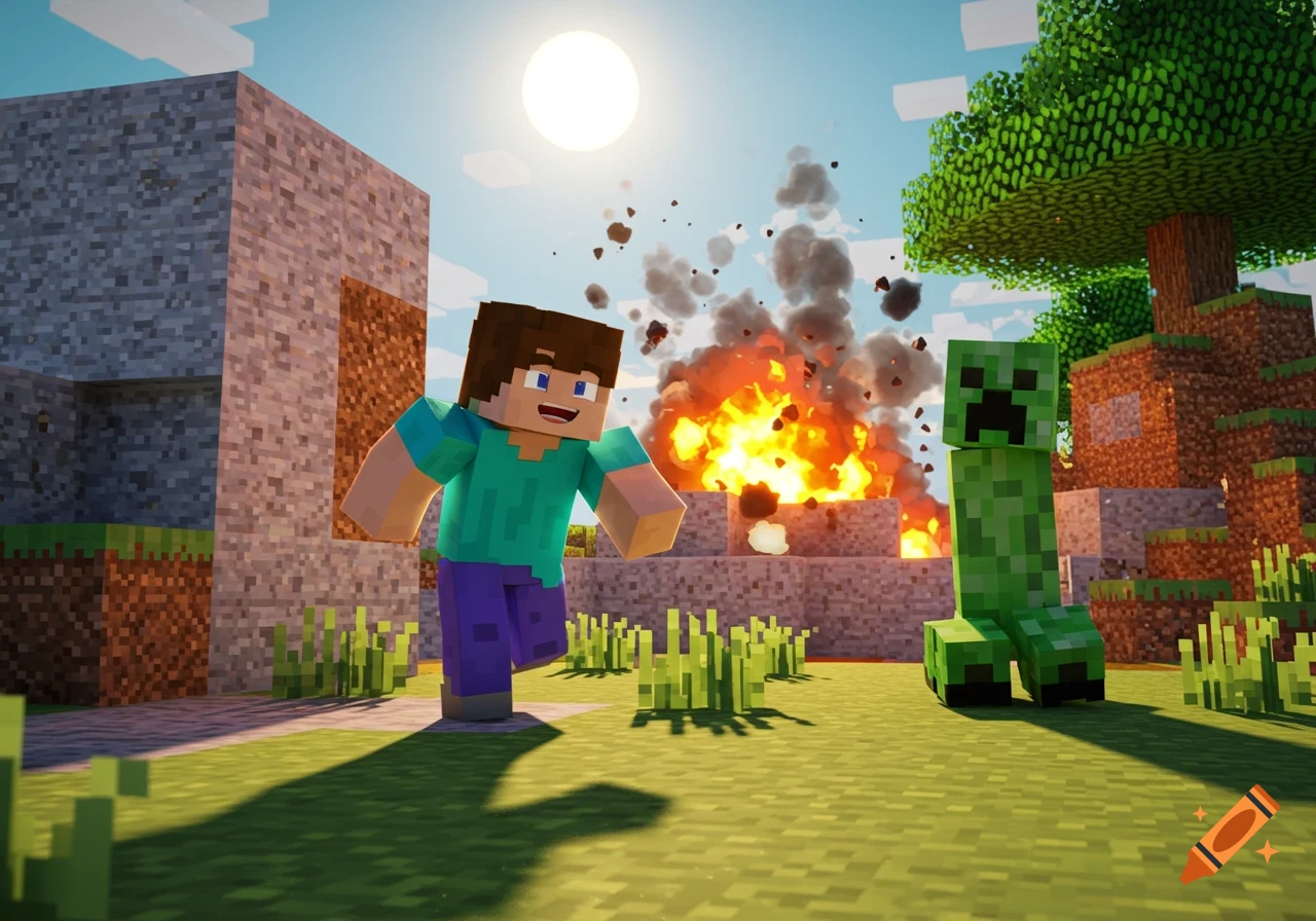 A Minecraft player, Steve, runs from a green Creeper in a blocky world with an explosion behind him.