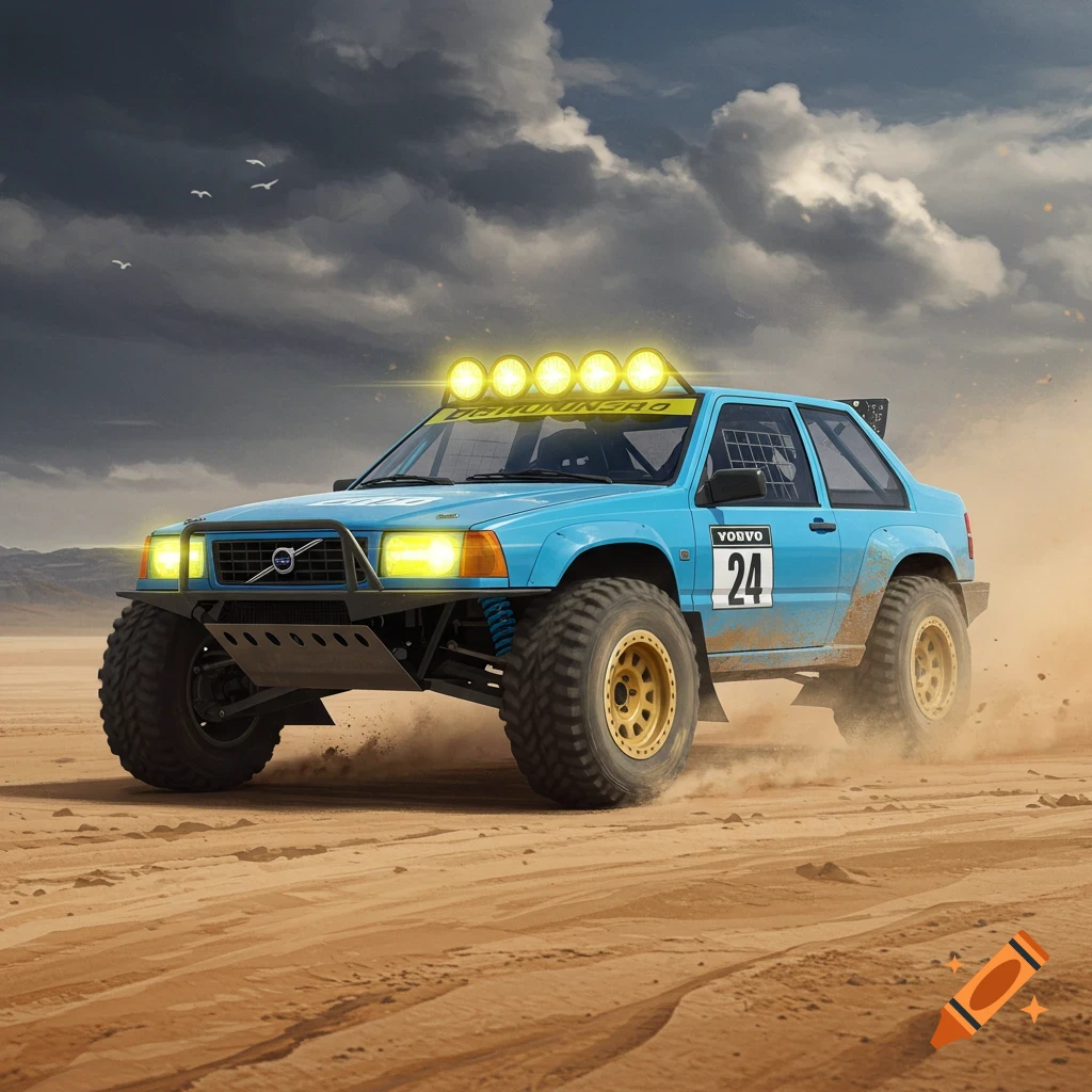 A blue Volvo prerunner rally car speeds through a desert kicking up dust under a dramatic cloudy sky, photorealistic.