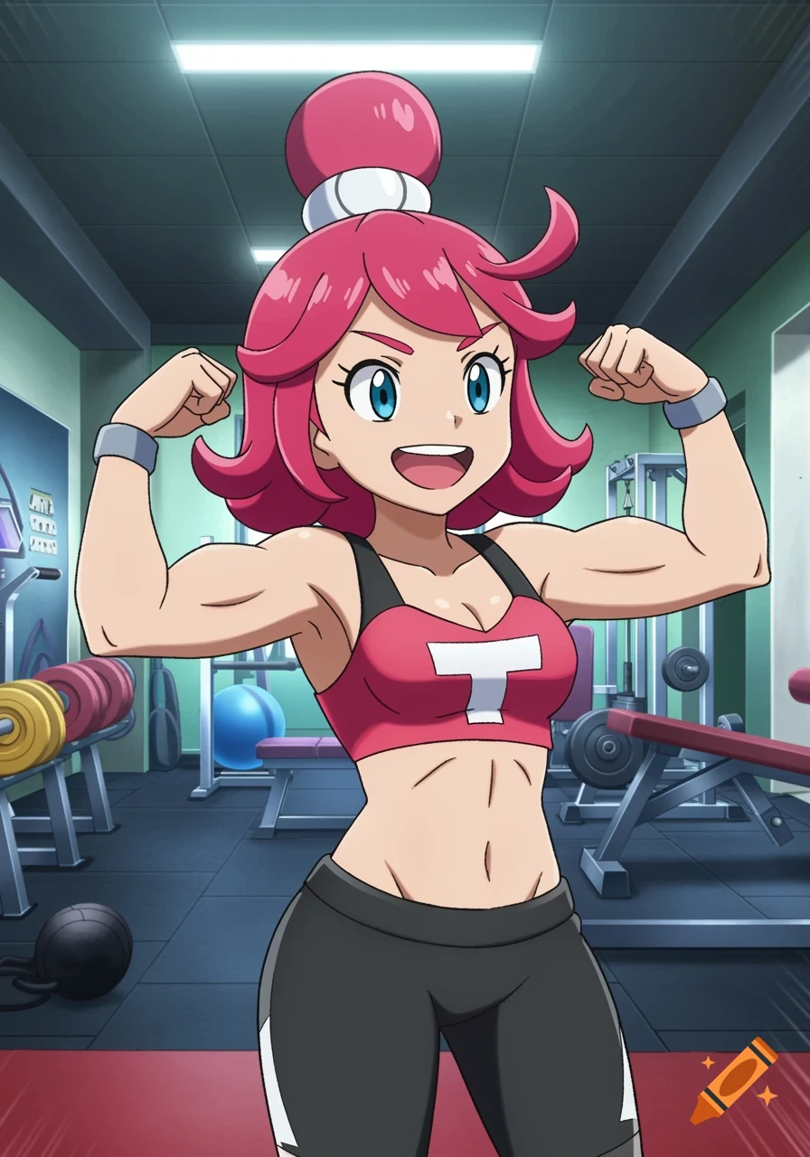 An anime girl with pink hair, Liko from Pokémon, flexing her biceps in a gym.