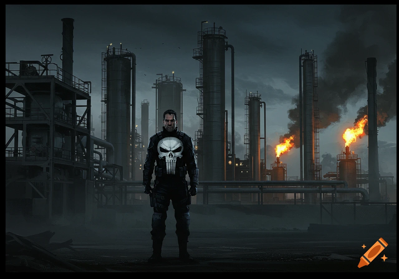 The Punisher, a man in a black suit with a skull logo, stands in front of a dark industrial oil refinery with flaming towers. Digital art.