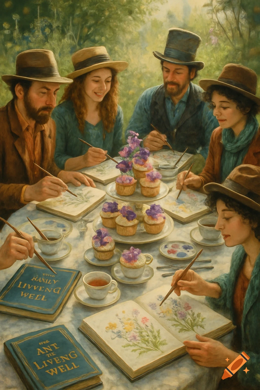 People in hats paint in art journals around a garden table with cupcakes and tea, in a painterly style.