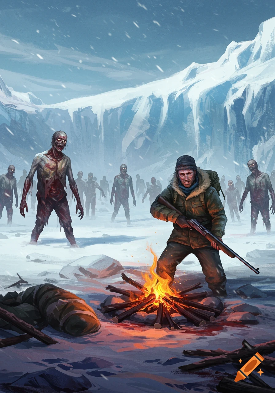 A lone survivor with a rifle by a campfire faces a horde of zombies in a snowy mountain landscape, digital art style.