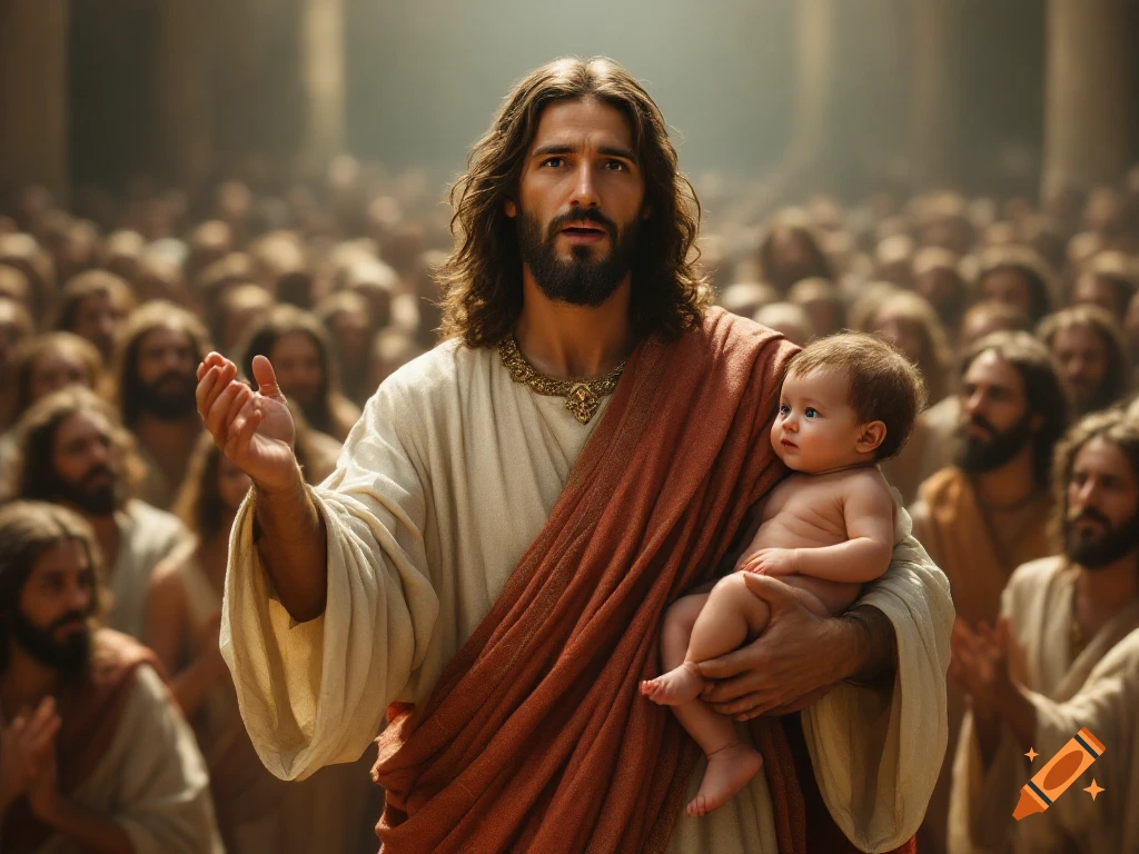 Photorealistic Jesus with long hair and beard, wearing robes, holding a baby, in front of a blurred crowd.