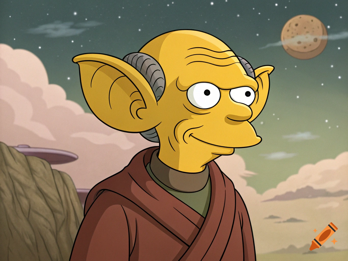 A yellow cartoon alien with large ears and a brown robe, in The Simpsons style, against a starry sci-fi landscape.