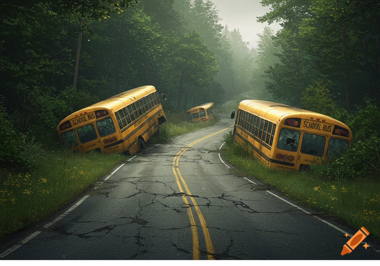 Three abandoned yellow school buses in overgrown ditches along a cracked, winding road through a misty forest.