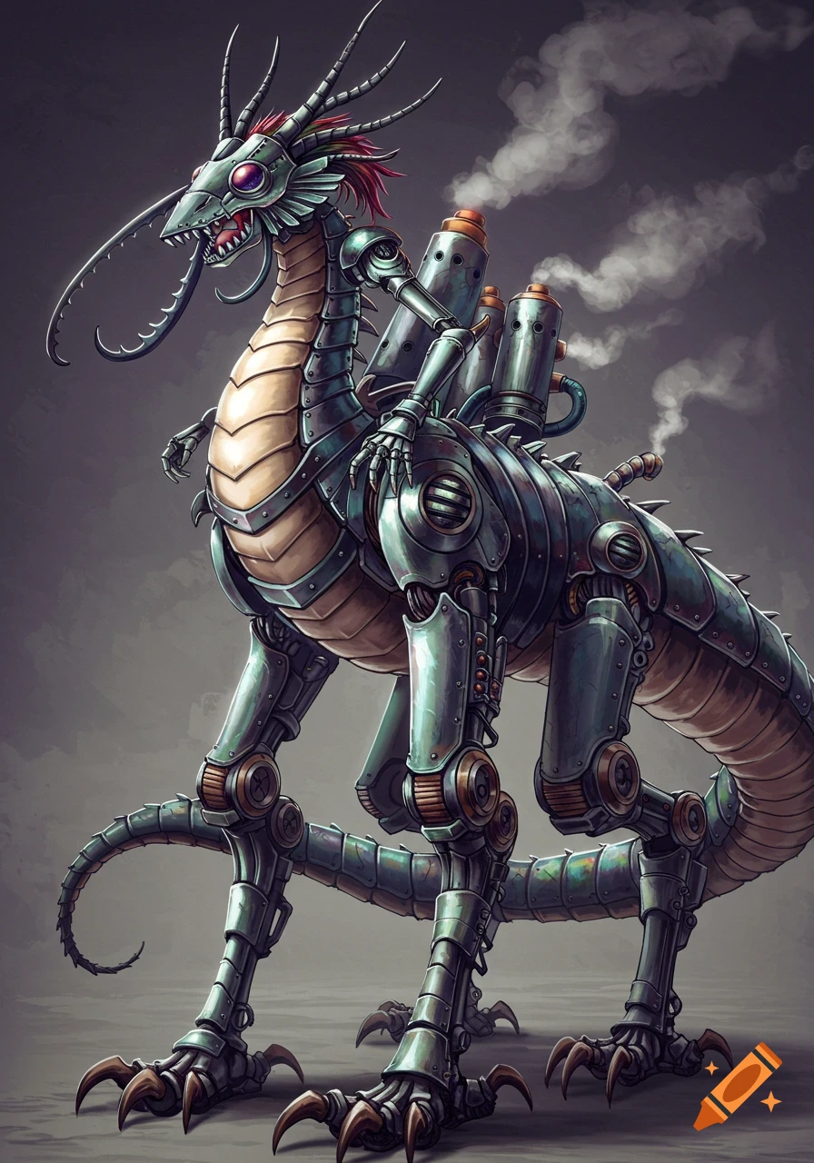 A detailed steampunk robot dragon with green metallic plating and red accents, standing on four mechanical legs, emitting steam.