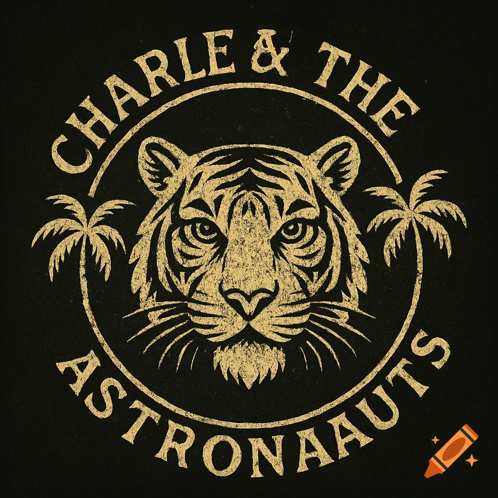 Vintage distressed gold and black circular logo featuring a tiger head, two palm trees, and the text 'CHARLIE & THE ASTRONAUTS'.