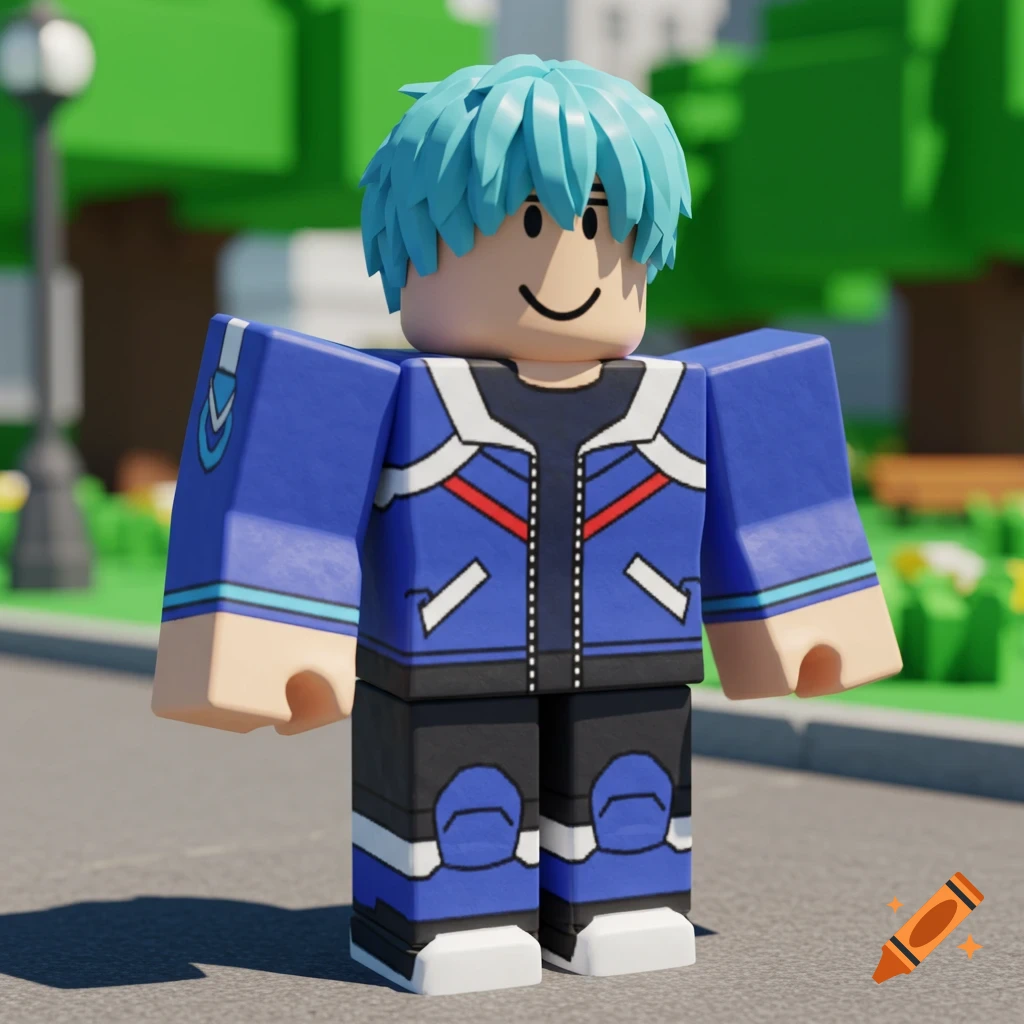 A blocky character with blue spiky hair and a blue windbreaker jacket stands outdoors, resembling a Roblox avatar.