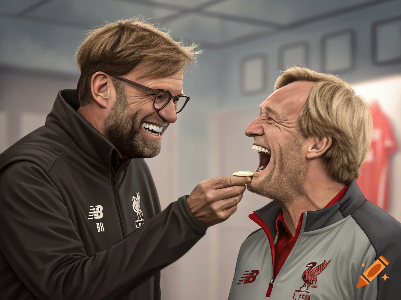 Jürgen Klopp, smiling widely, holds a small golden coin to the open, laughing mouth of Dennis Waterman, who is also smiling, in what appears to be a locker room.