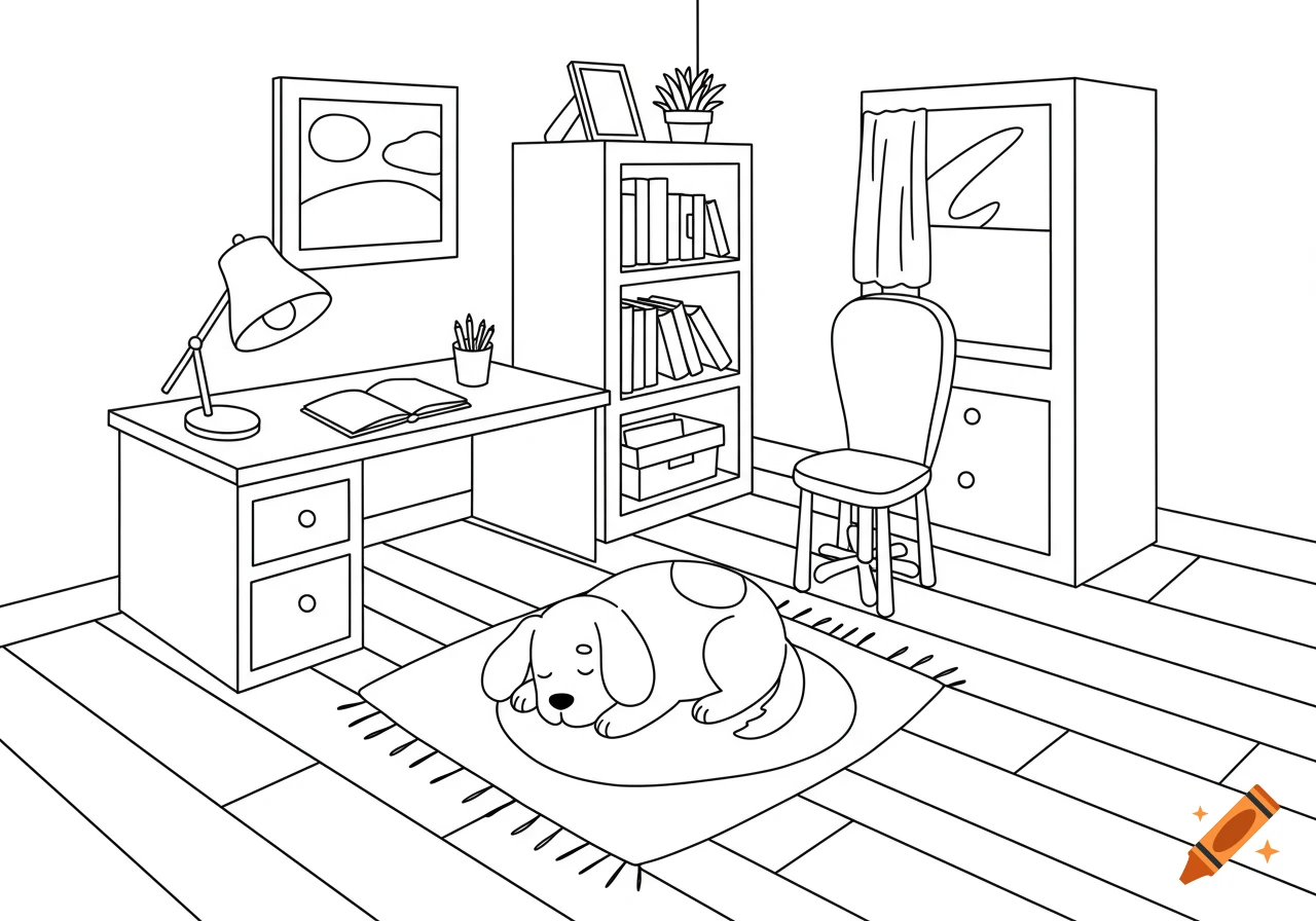 Black and white line art of a study room with a sleeping dog on a rug.