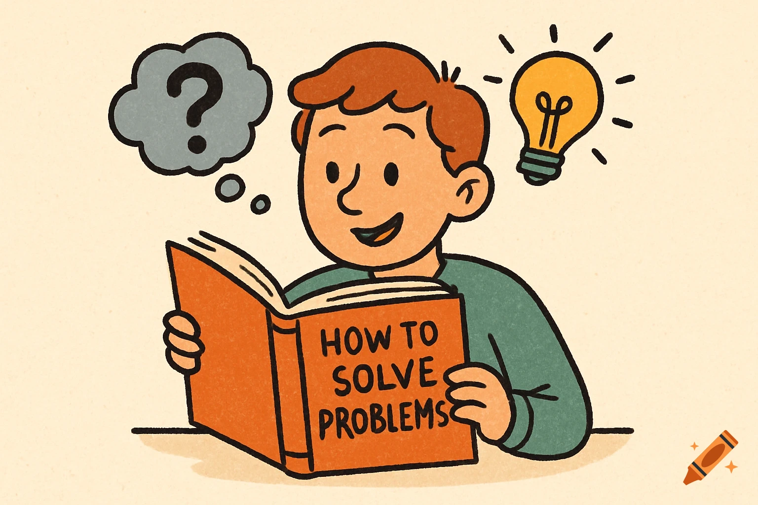 Cartoon of a boy reading a book about solving problems, with a thought bubble and a bright idea lightbulb.