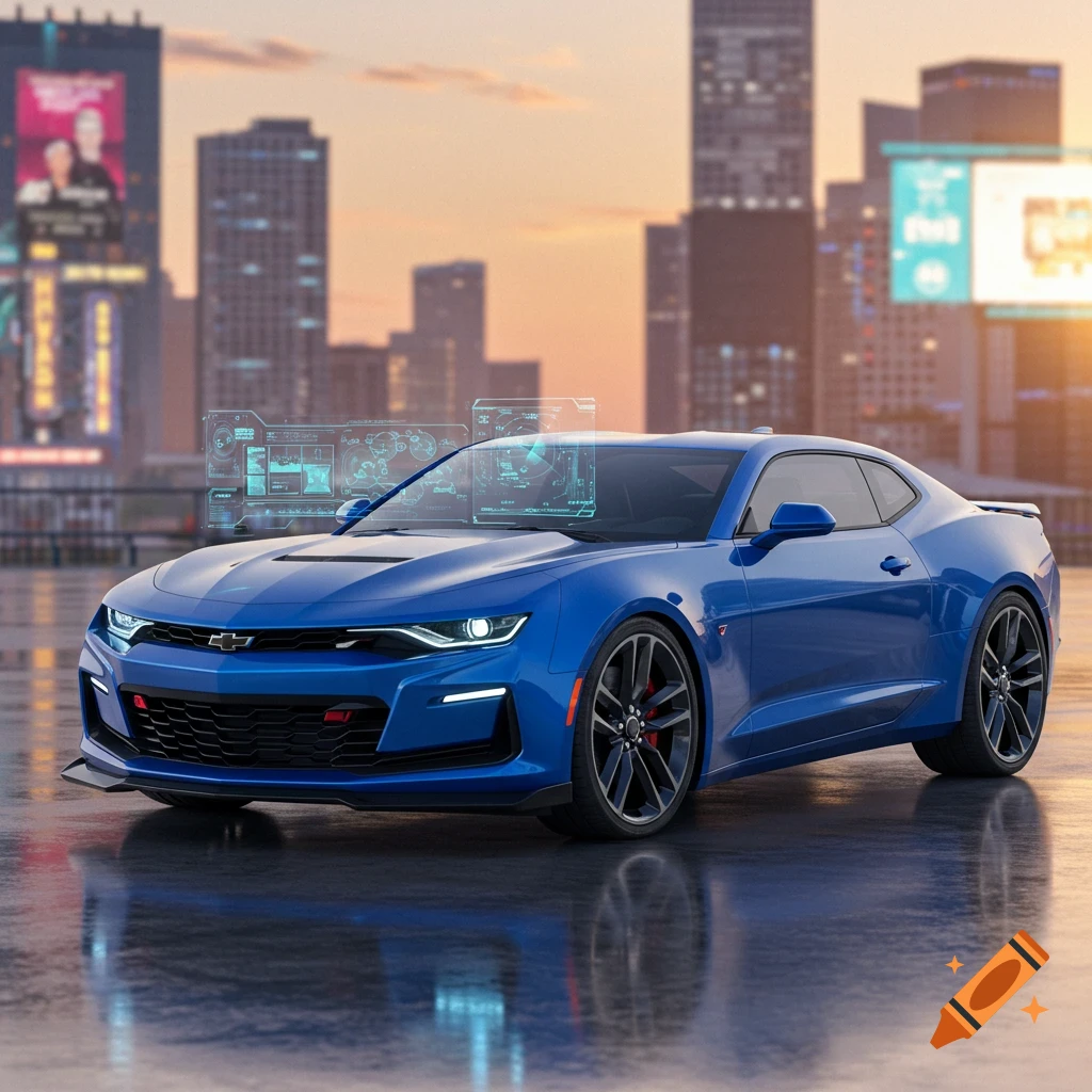 A bright blue Chevrolet Camaro sports car with holographic displays parked in a futuristic city at sunset, photorealistic.