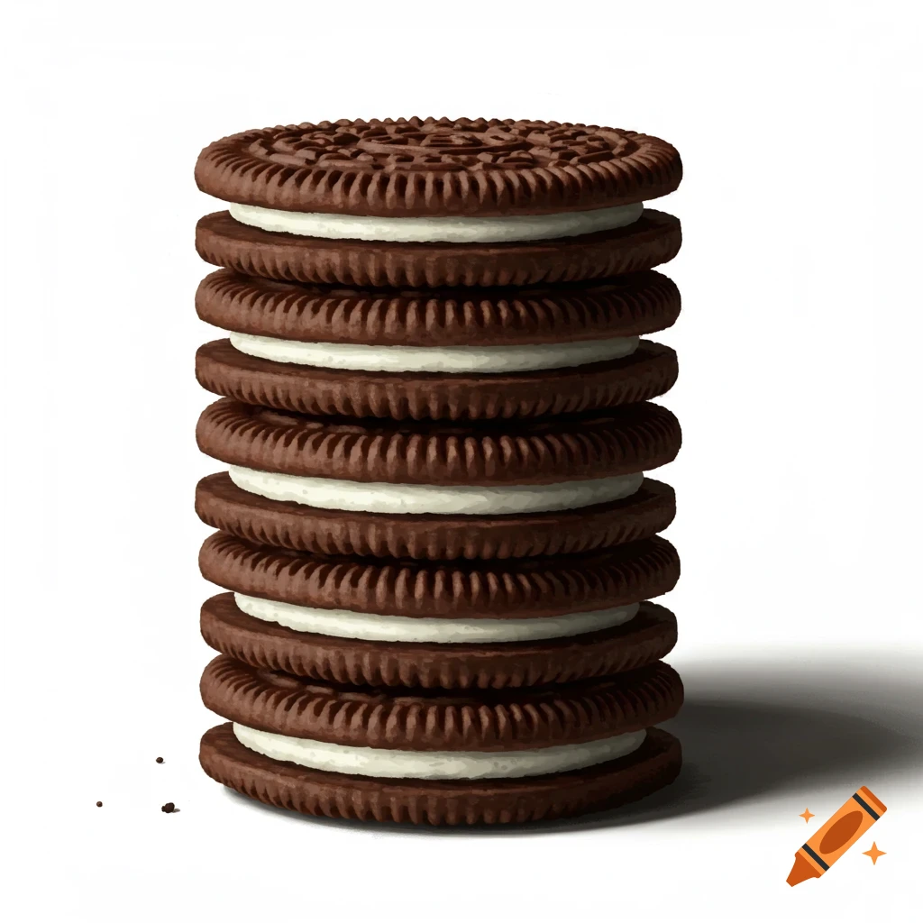 A tall stack of ten chocolate sandwich cookies with white cream filling, resembling Oreos, against a white background.