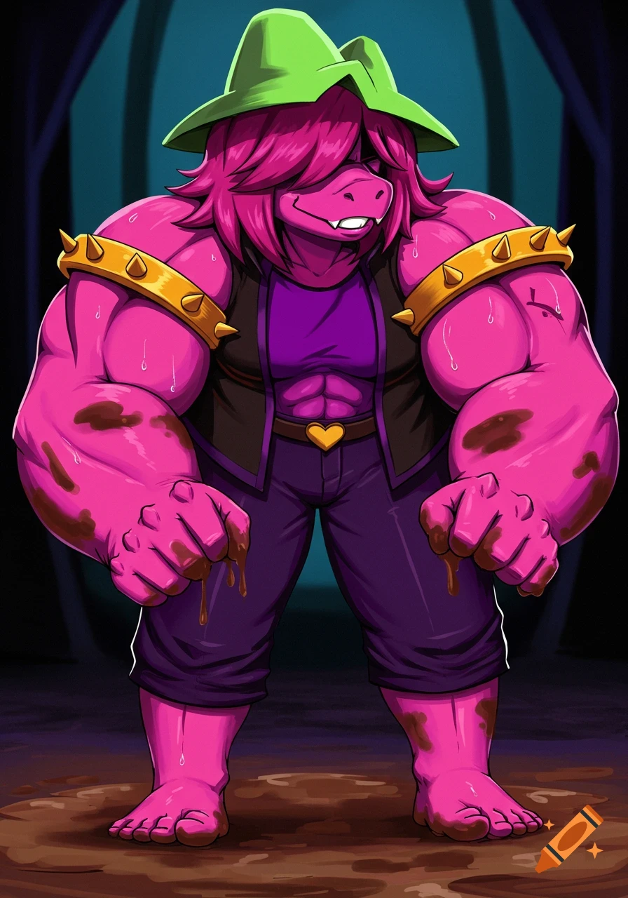 A muscular, pink, anthropomorphic Susie from Deltarune stands barefoot and sweaty on muddy ground, covered in mud stains.