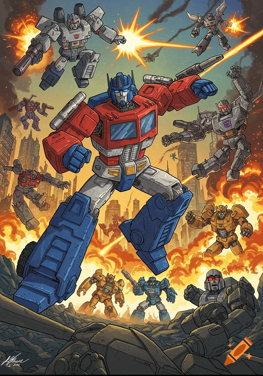 Optimus Prime leads Autobots against Decepticons in an epic comic book battle amidst a destroyed city.