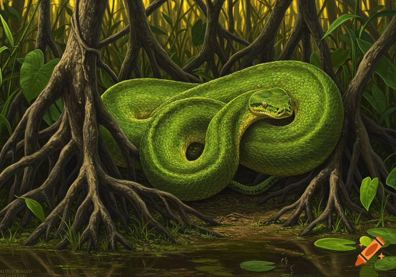 A vibrant green snake, possibly a Burmese python, coiled amidst the roots of trees in a dark, swampy Everglades setting.