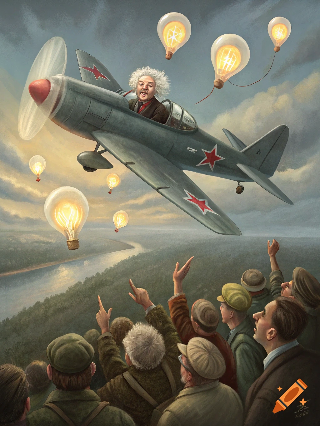 Albert Einstein in a fighter jet with flying lightbulbs, observed by a crowd below. Illustrated.