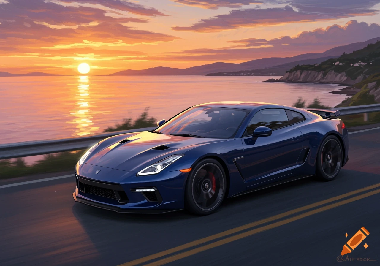 A dark blue sports car drives along a coastal highway at sunset, with a vibrant orange sun reflecting on the calm ocean.