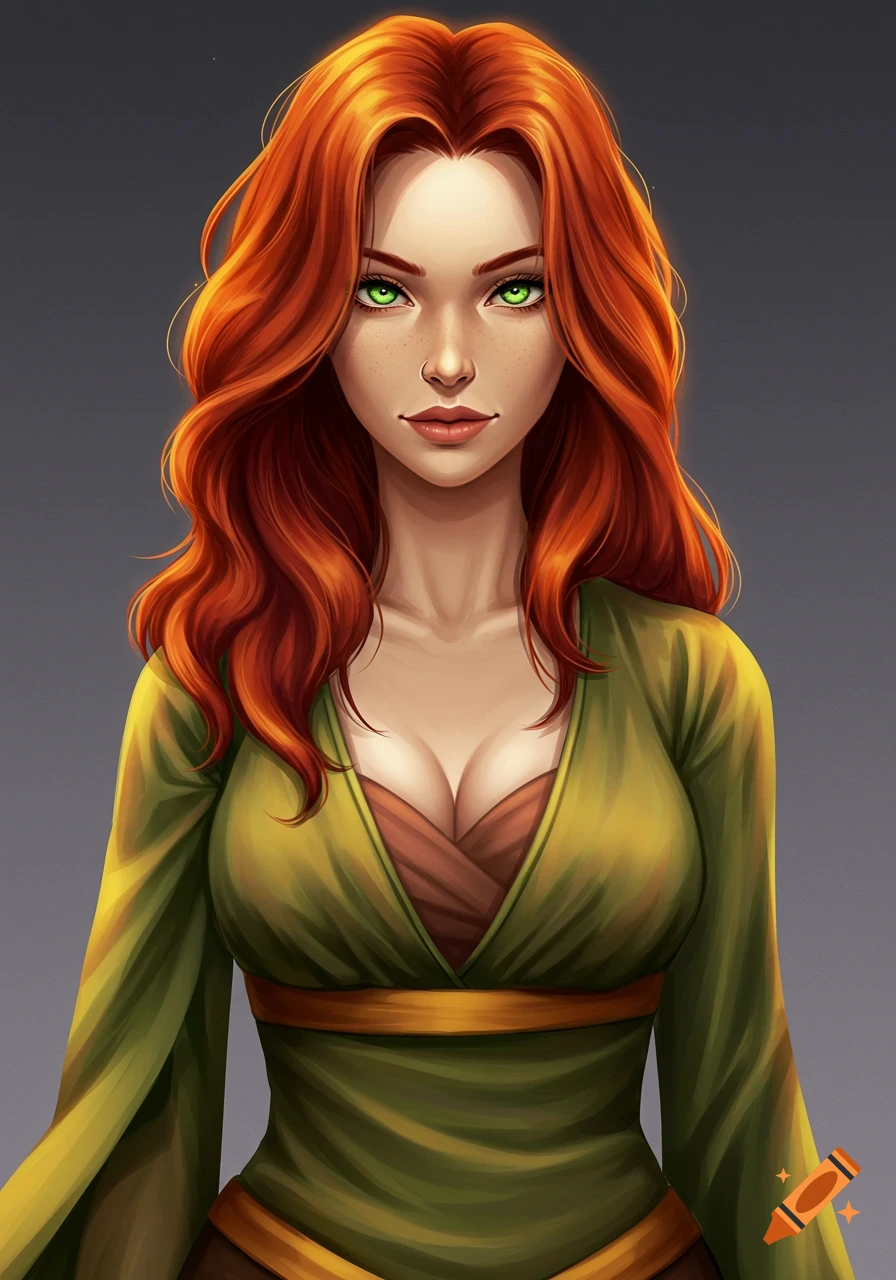A striking portrait of a red-haired woman with green eyes, wearing a green and brown outfit, in a stylized fantasy art style.