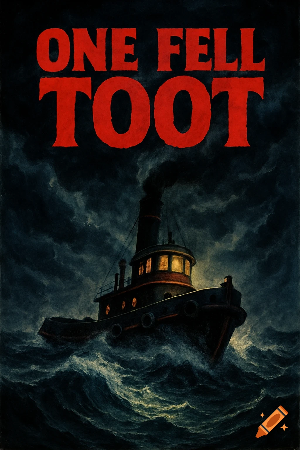 A dark, vintage horror movie poster featuring a tugboat on a stormy sea with the red text "ONE FELL TOOT".