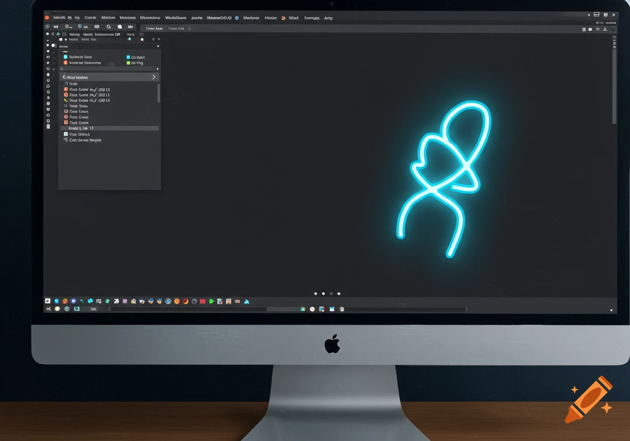 A close-up shot of a dark computer monitor displaying a neon blue abstract scribble on a black background, with the Apple logo on the stand.