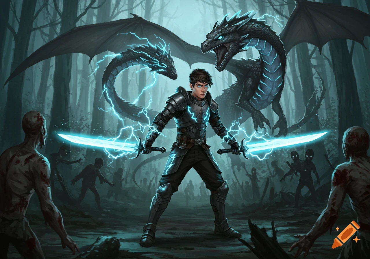 A young warrior in black armor holds two glowing blue swords in a dark forest, backed by electric dragons, facing zombies.