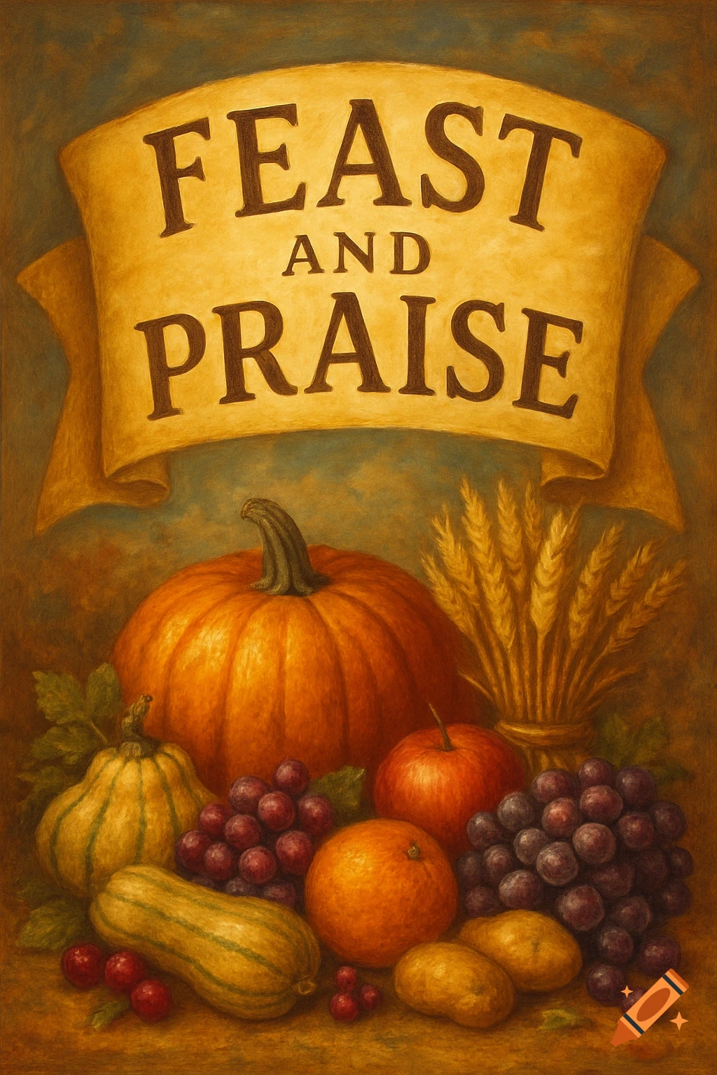 A detailed painting of a Thanksgiving feast with a banner reading 'Feast and Praise' above a bounty of harvest vegetables and fruits.