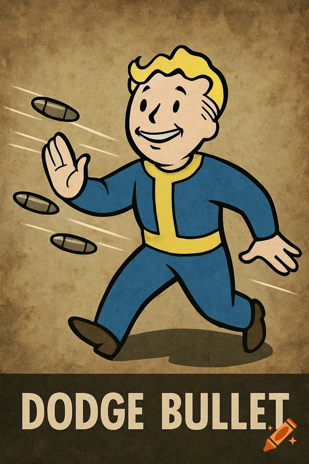 Cartoon character Vault Boy from Fallout dodges bullets on a vintage-style poster with the text 'DODGE BULLET'.