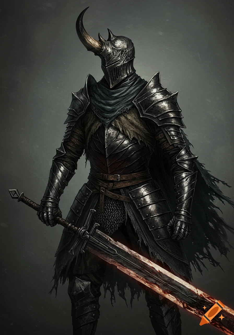 A knight in dark, battle-worn armor with a rhino horn helmet holds a large glowing sword in a fantasy art style.