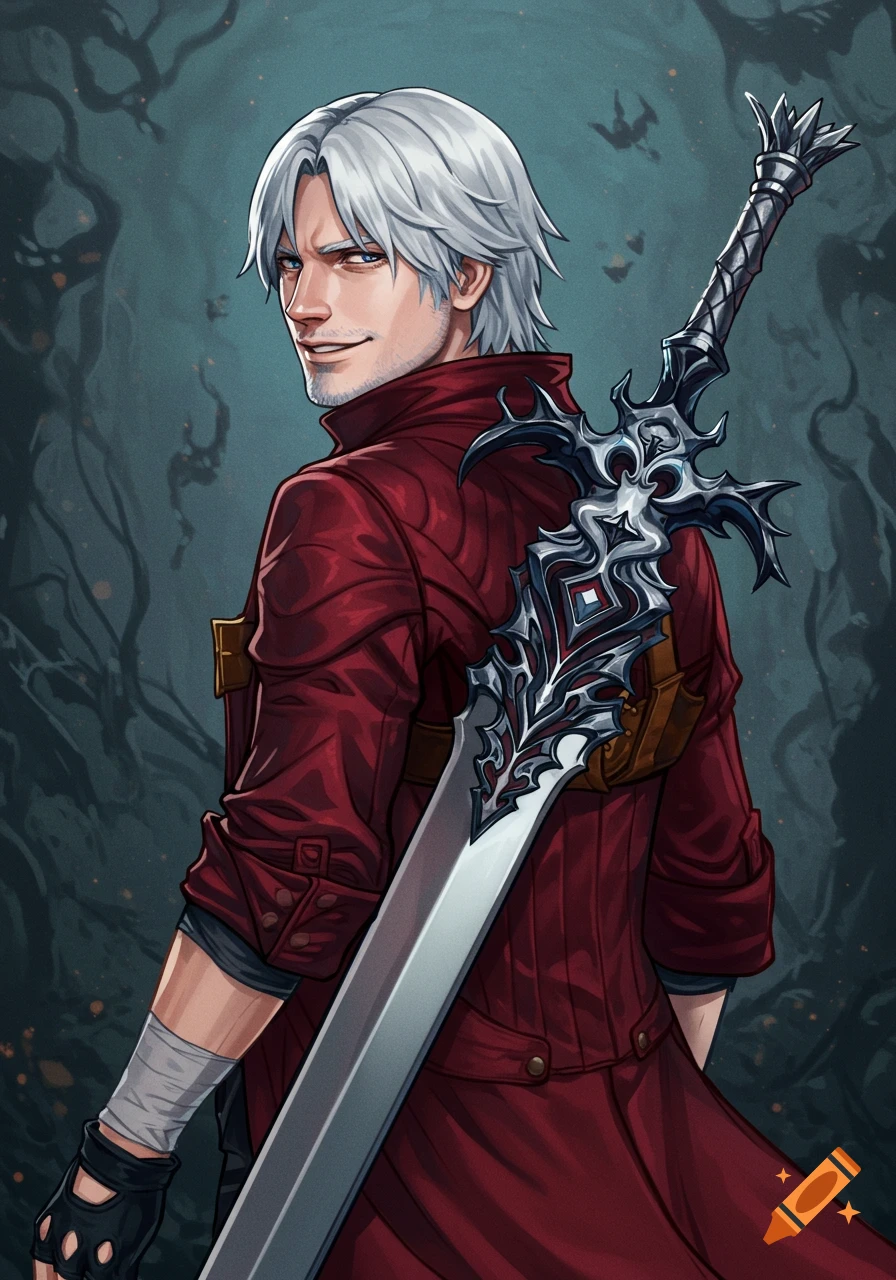 Handsome man with white hair and red coat, ornate sword on back, smirking over shoulder in a dark forest illustration.