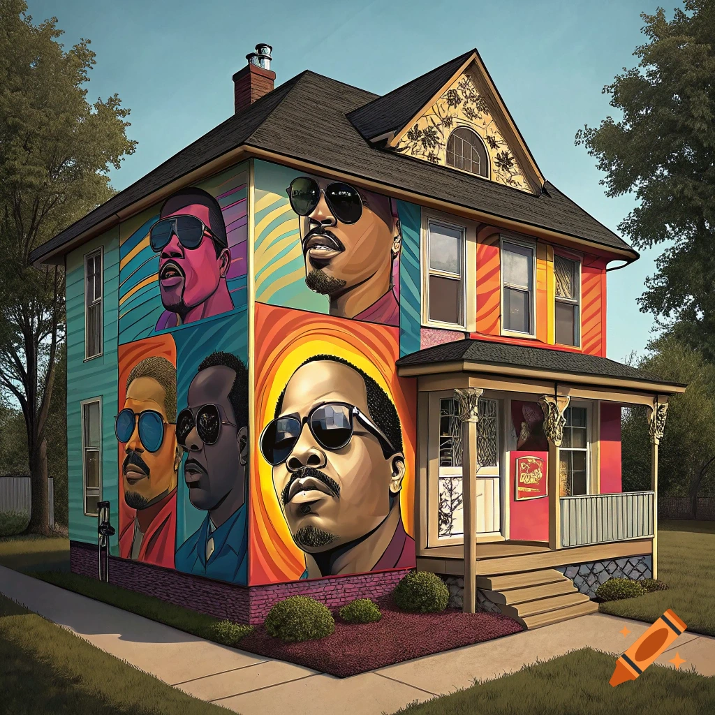 A colorful house covered in pop-art style murals of a man wearing sunglasses.