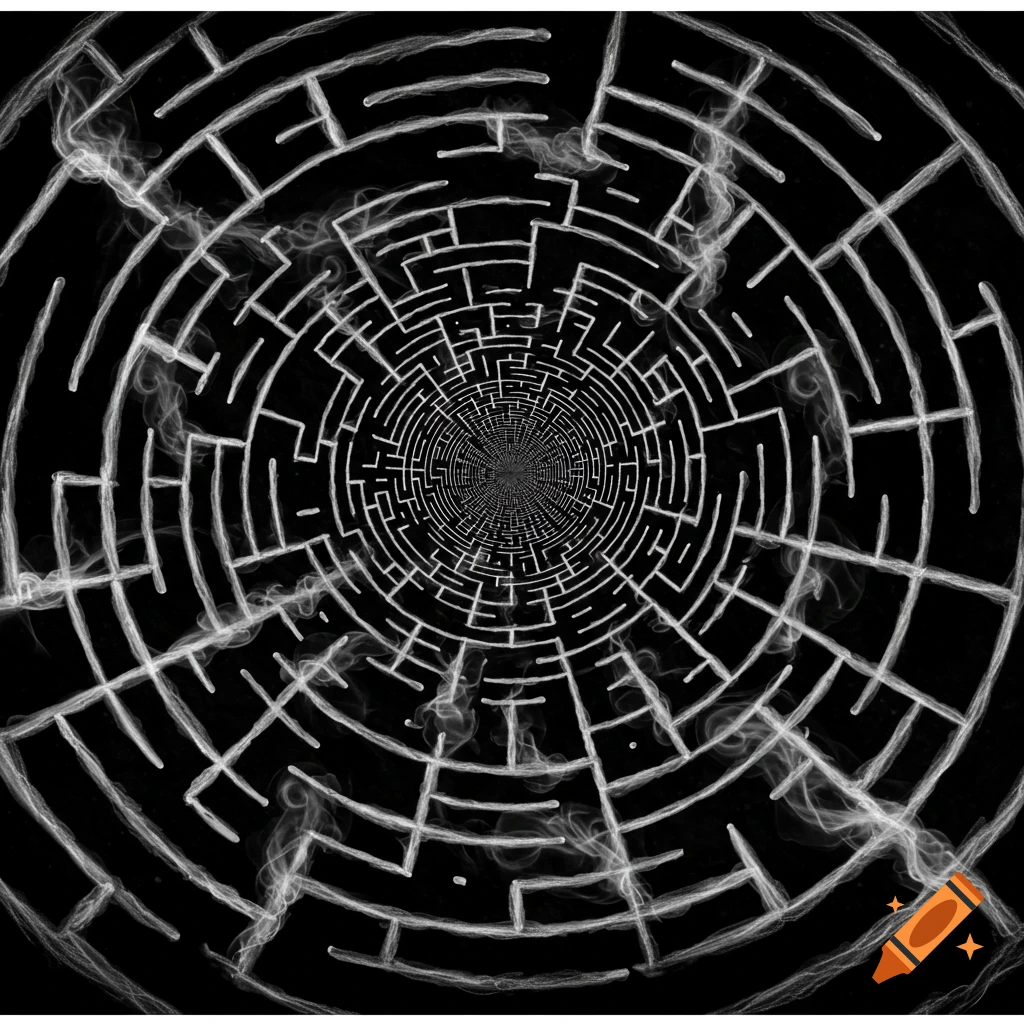 Black and white circular labyrinth receding into infinity with wispy smoke swirls.
