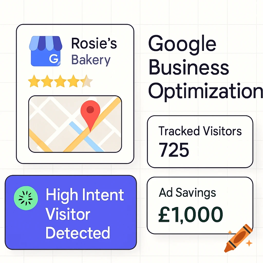 A UI mockup showing Google Business Optimization for Rosie's Bakery, including tracked visitors, ad savings, and high intent visitor detection.