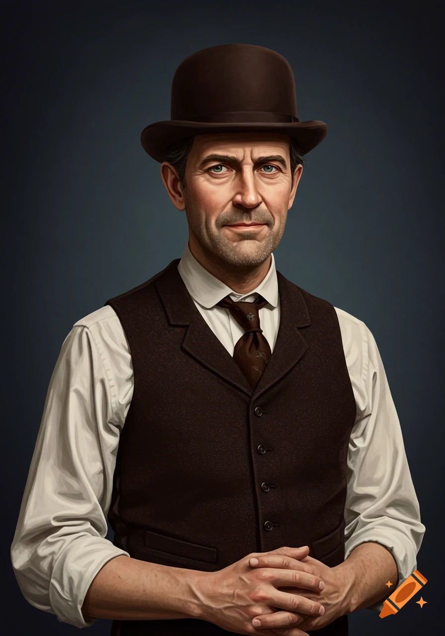 Photorealistic portrait of a man in a brown bowler hat and vest, hands clasped, looking forward.