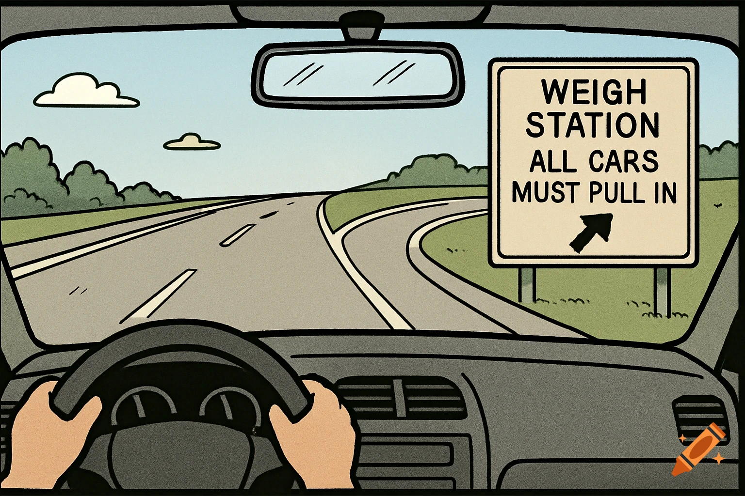 Comic illustration from a car's windshield view of a highway and a 'weigh station' sign.