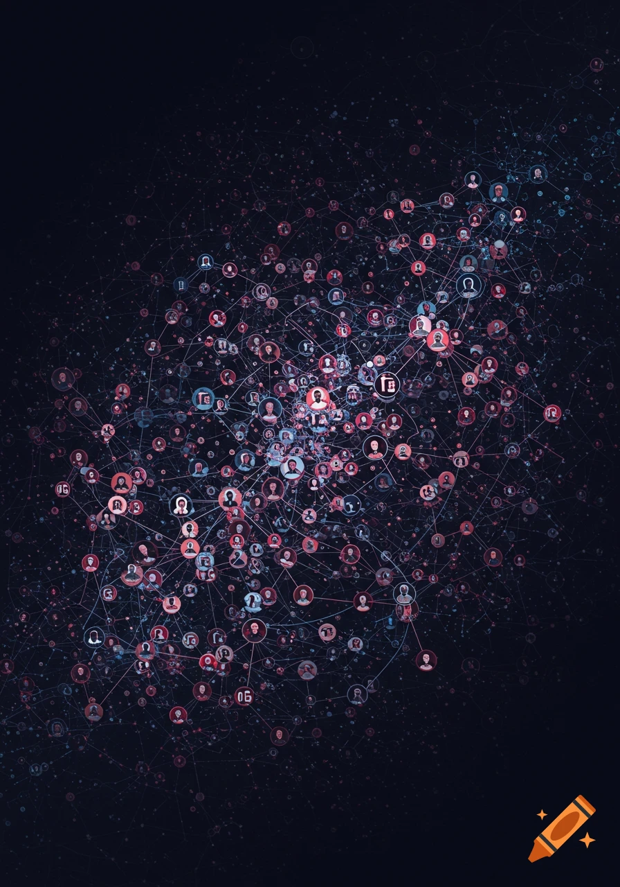 An intricate, sprawling network visualization with many interconnected nodes, mostly featuring stylized human icons, on a dark background.