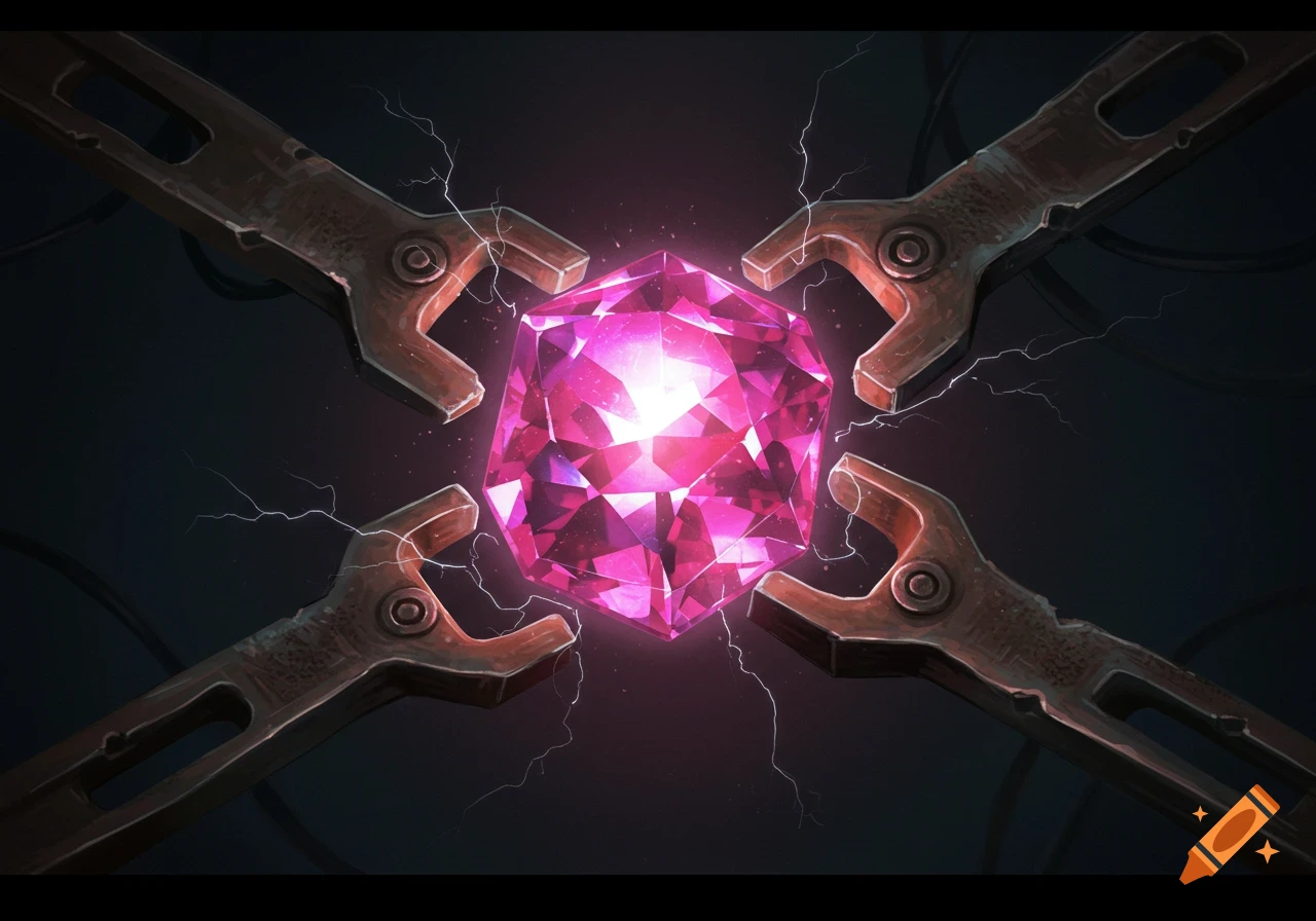A vibrant pink glowing gemstone is held by four rustic metal clamps, surrounded by white electrical arcs.