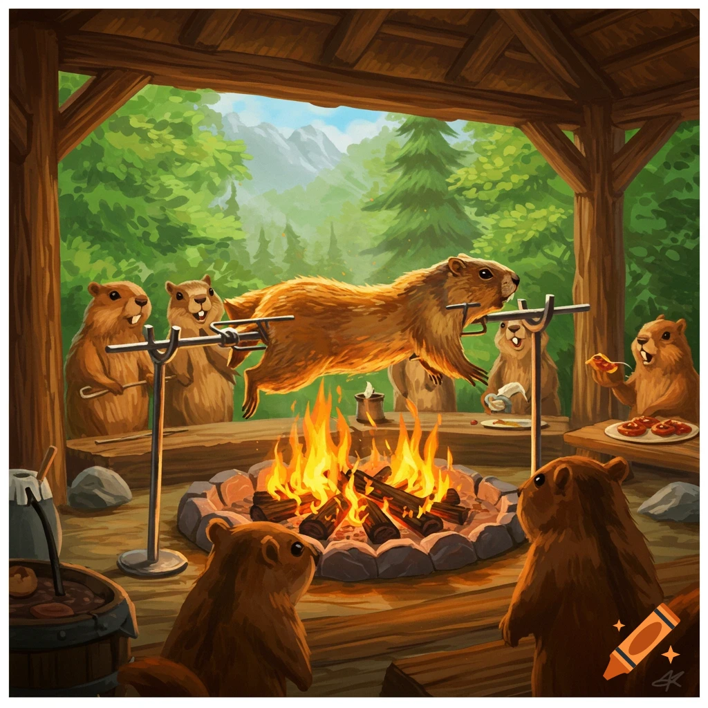 Cartoon illustration: Marmots gather around a campfire, one on a spit roast, others watch or eat under a wooden shelter in a forest.