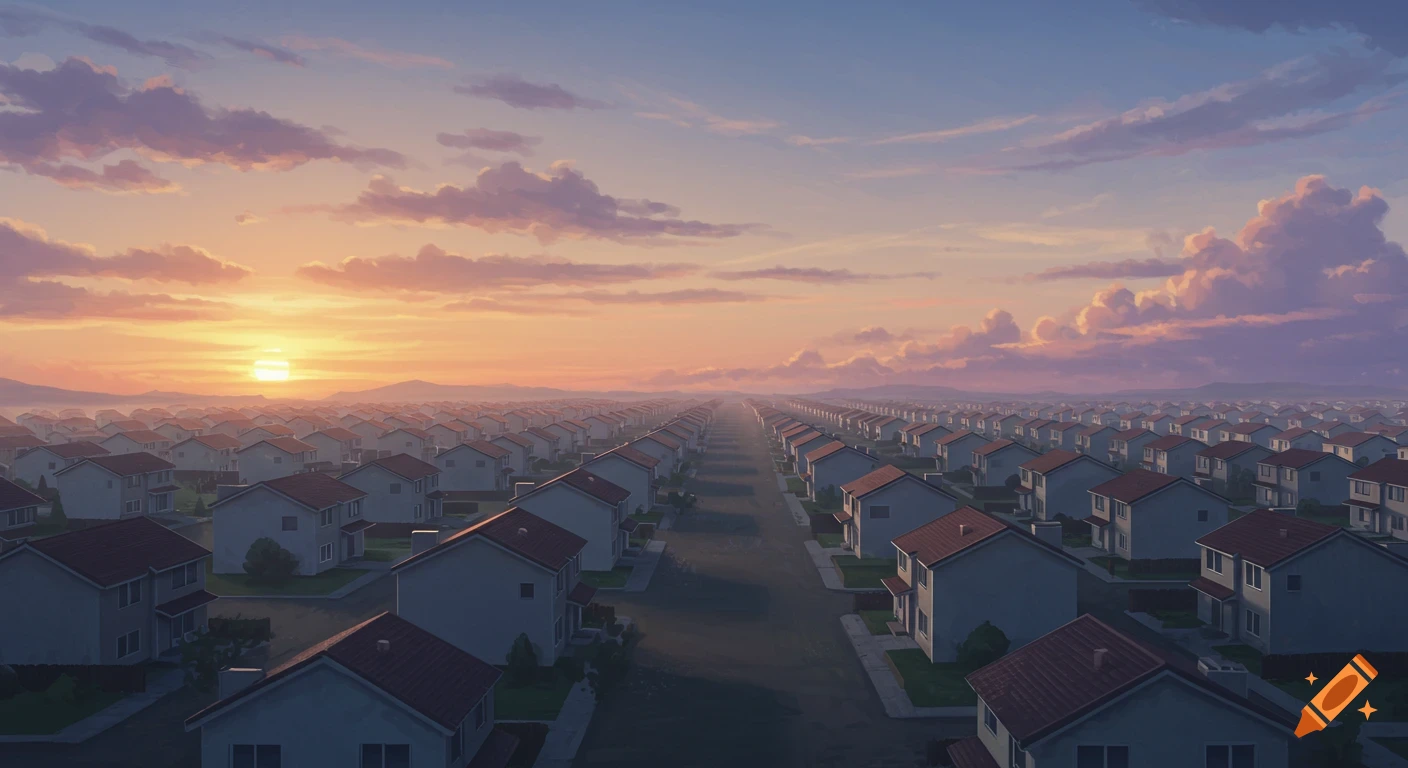 Endless rows of identical houses in a suburb stretching to the horizon under a nostalgic sunset sky.