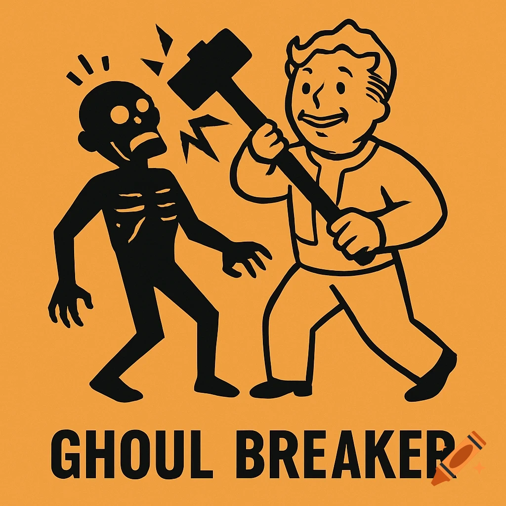 Cartoon Vault Boy hitting a ghoul with a hammer, with 'GHOUL BREAKER' text below in a black and orange style.
