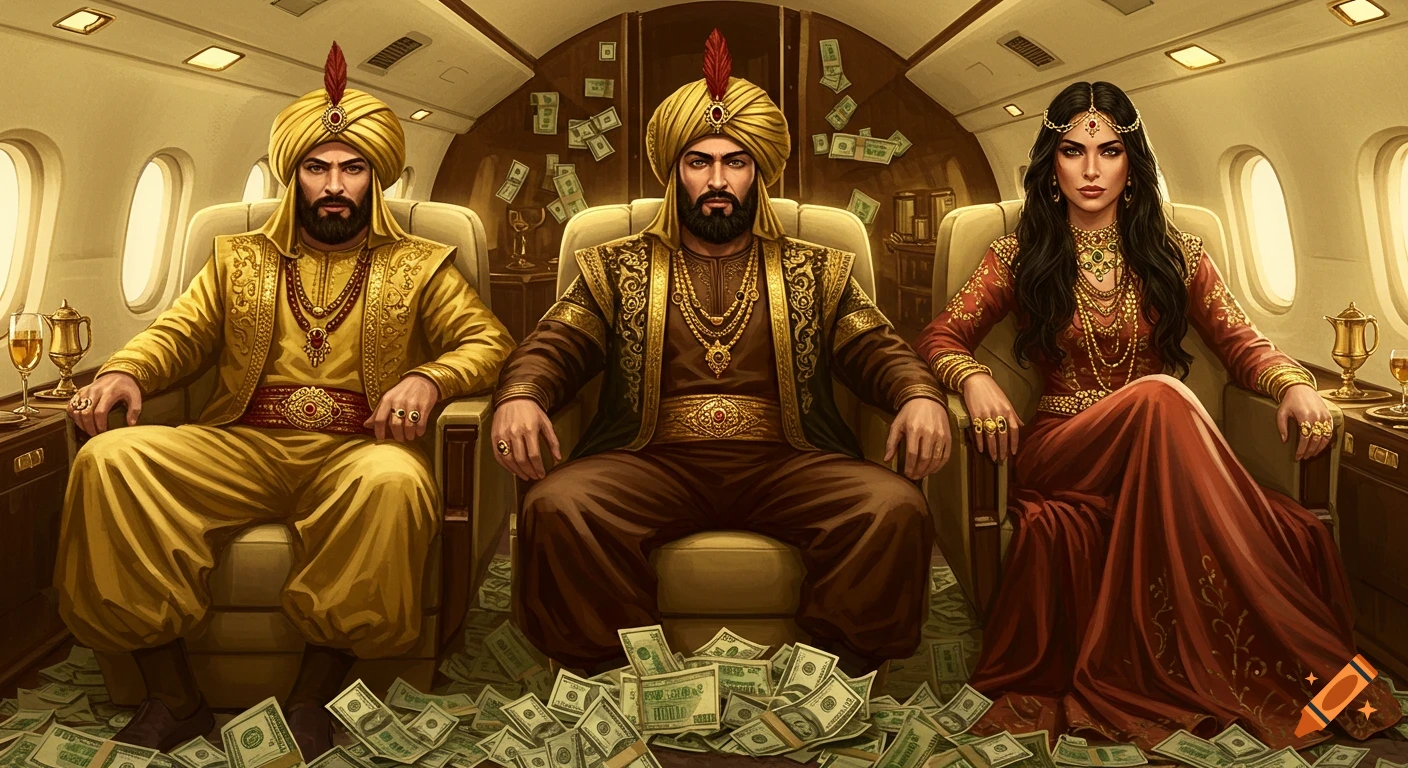 Three wealthy individuals in traditional attire sitting in a luxurious private jet with money scattered around.