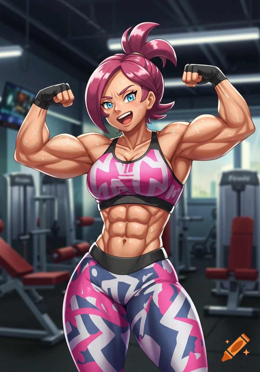Muscular anime woman with pink hair flexing in a sports bra and leggings at a gym.