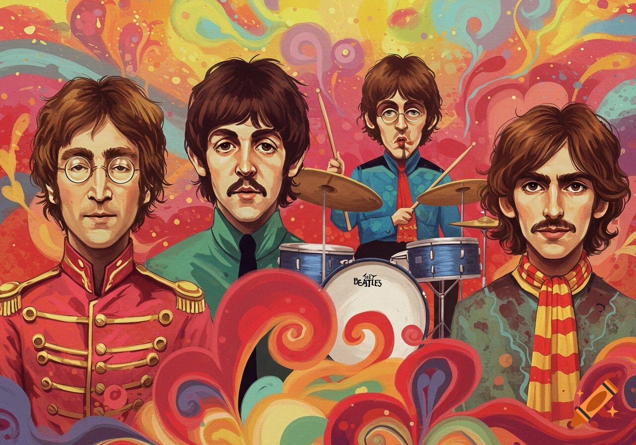 Colorful, psychedelic-style illustration of The Beatles, with John, Paul, George, and Ringo with his drums, against a vibrant, swirling background.