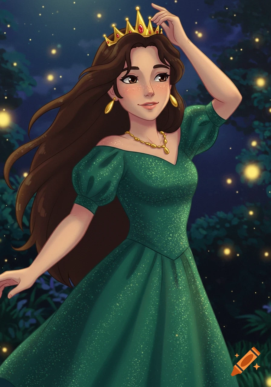 Animated woman with brown hair, green dress, and gold crown in a magical night forest with glowing fireflies.