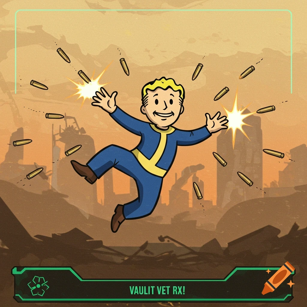 Vault Boy in blue jumpsuit dodging bullets Matrix-style amidst a ruined city, in a cartoon game art style.